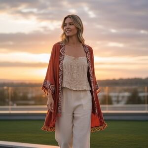 Umgee Red Patterned Cape with Fringe